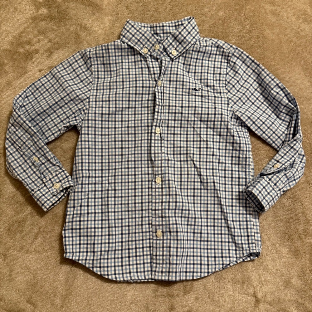 Vineyard Vines Boys Blue Gingham Whale Logo Button Down Shirt 4T 3W001076